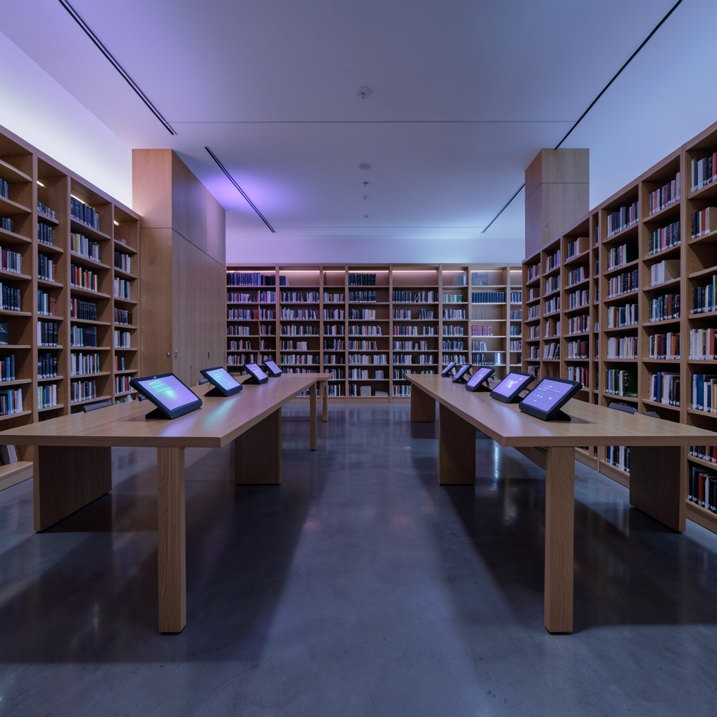 Interior of modern blockchain research library in Johor Bahru