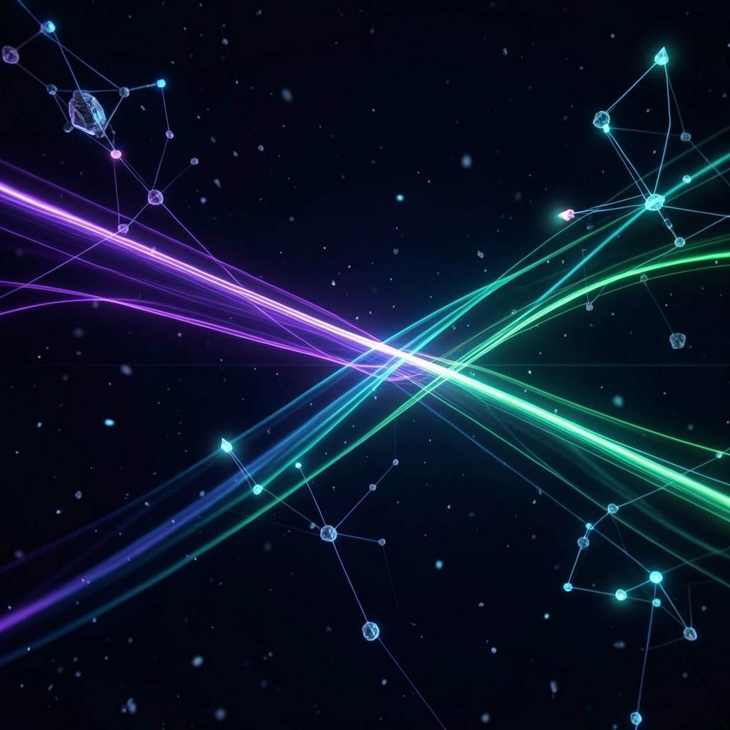 Abstract digital network visualization with purple and green glowing nodes representing the Luno ecosystem