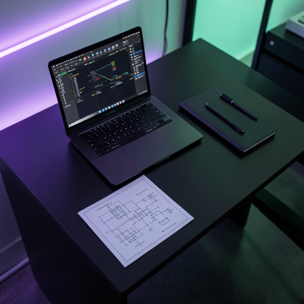 Technical researcher reviewing decentralized network architecture notes on a desk